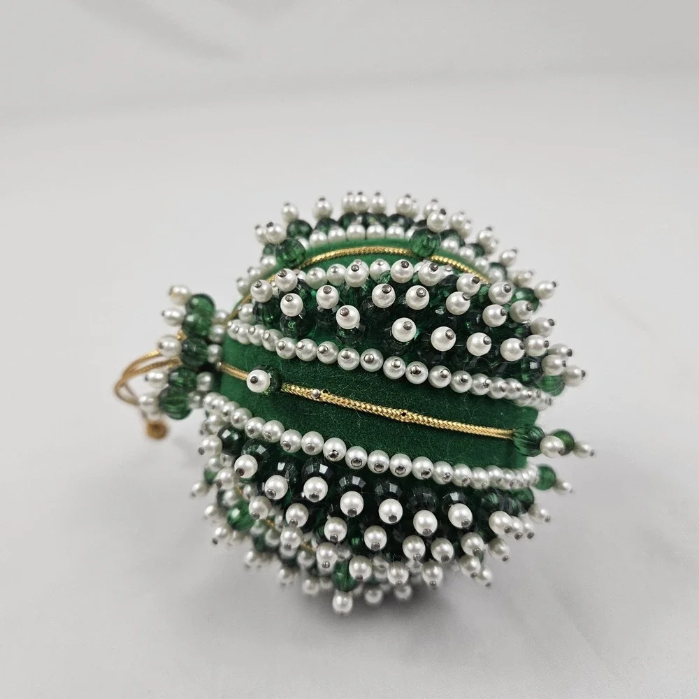 Vintage Satin Velvet Beaded Sequin Push Pin Christmas Tree Ornament Green